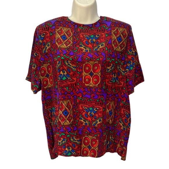 Vintage Christie & Jill Short Sleeve Silk Blouse Red Loud Print 90s Keyhole M - Picture 1 of 7